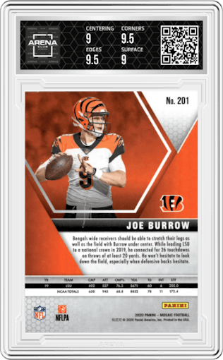 Joe Burrow from the 2020 Panini Mosaic set graded by Arena Club and given an overall grade of 9.5.