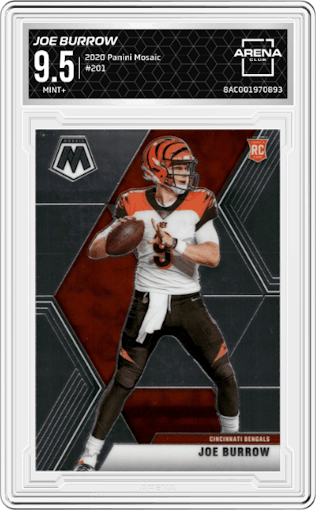 Joe Burrow from the 2020 Panini Mosaic set graded by Arena Club and given an overall grade of 9.5.