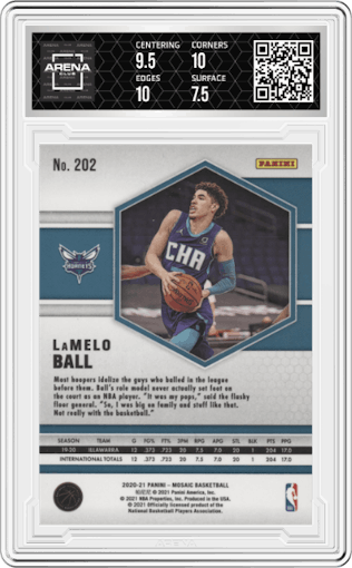 LaMelo Ball from the 2020-21 Panini Mosaic set graded by Arena Club and given an overall grade of 8.