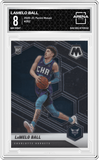 LaMelo Ball from the 2020-21 Panini Mosaic set graded by Arena Club and given an overall grade of 8.