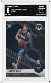 LaMelo Ball from the 2020-21 Panini Mosaic set graded by Arena Club and given an overall grade of 8.