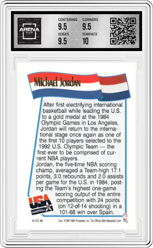 Michael Jordan from the 1991-92 NBA Hoops set graded by Arena Club and given an overall grade of 10.