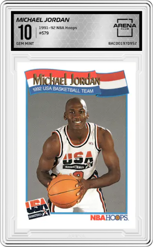 Michael Jordan from the 1991-92 NBA Hoops set graded by Arena Club and given an overall grade of 10.