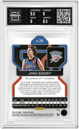 Josh Giddey from the 2021-22 Panini Prizm  set graded by Arena Club and given an overall grade of 8.5.