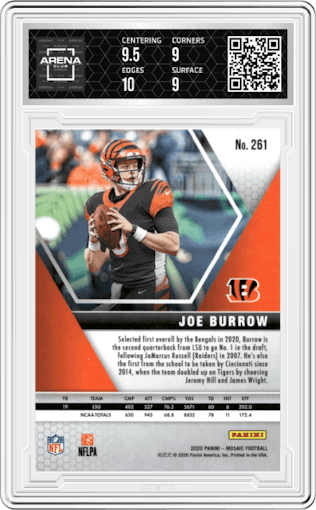 Joe Burrow from the 2020 Panini Mosaic set graded by Arena Club and given an overall grade of 9.5.