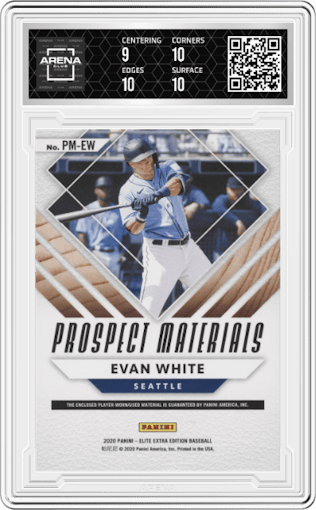 Evan White from the 2020 Panini Elite Extra Edition set featuring a Red parallel graded by Arena Club and given an overall grade of 9.5.