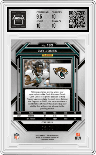 Zay Jones from the 2022 Panini Prizm set featuring a No Huddle Blue  parallel graded by Arena Club and given an overall grade of 10.