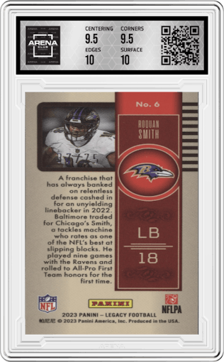 Roquan Smith from the 2023 Panini Legacy set featuring a Premium Edition Bronze Mini parallel graded by Arena Club and given an overall grade of 10.