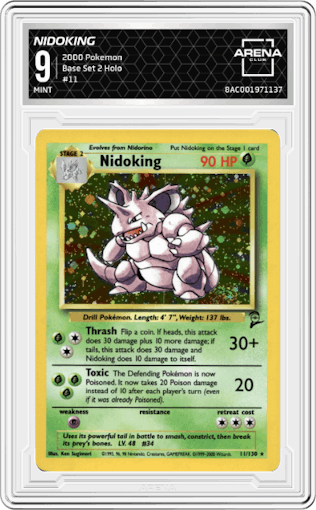Nidoking from the 2000 Pokemon set graded by Arena Club and given an overall grade of 9.
