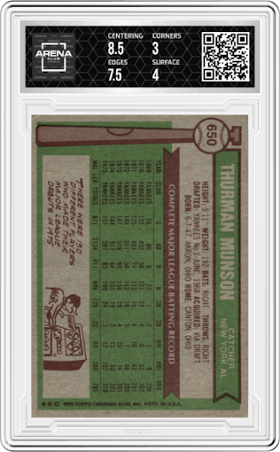 Thurman Munson from the 1976 Topps set graded by Arena Club and given an overall grade of 3.5.