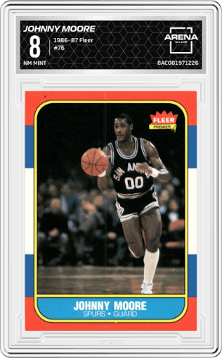 Johnny Moore from the 1986-87 Fleer set graded by Arena Club and given an overall grade of 8.