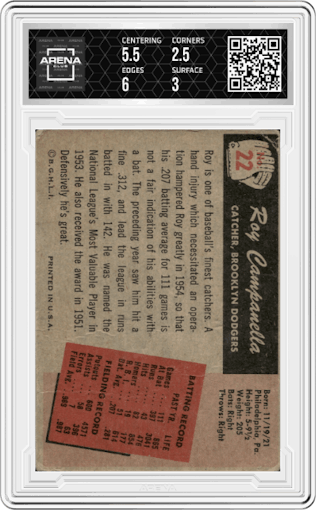 Roy Campanella from the 1955 Bowman set graded by Arena Club and given an overall grade of 3.