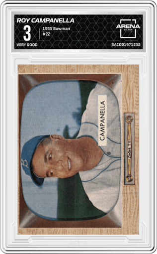 Roy Campanella from the 1955 Bowman set graded by Arena Club and given an overall grade of 3.