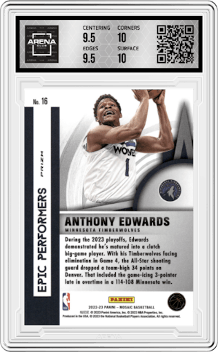 Anthony Edwards from the 2022-23 Panini Mosaic set featuring a Green Mosaic parallel graded by Arena Club and given an overall grade of 10.