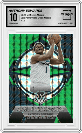 Anthony Edwards from the 2022-23 Panini Mosaic set featuring a Green Mosaic parallel graded by Arena Club and given an overall grade of 10.