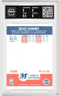 Detlef Schrempf from the 1987-88 Fleer set graded by Arena Club and given an overall grade of 9.