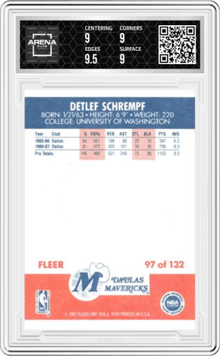Detlef Schrempf from the 1987-88 Fleer set graded by Arena Club and given an overall grade of 9.