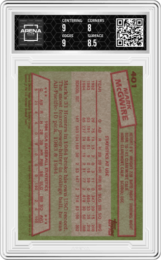 Mark McGwire from the 1985 Topps set graded by Arena Club and given an overall grade of 8.5.