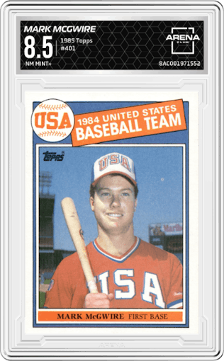 Mark McGwire from the 1985 Topps set graded by Arena Club and given an overall grade of 8.5.