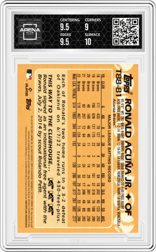 Ronald Acuna Jr. from the 2023 Topps Series 1 set featuring a Blue parallel graded by Arena Club and given an overall grade of 9.5.