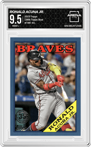 Ronald Acuna Jr. from the 2023 Topps Series 1 set featuring a Blue parallel graded by Arena Club and given an overall grade of 9.5.