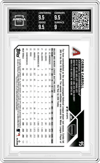 Corbin Carroll from the 2023 Topps Chrome set graded by Arena Club and given an overall grade of 9.5.