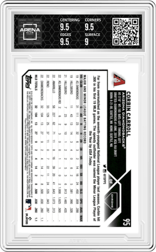 Corbin Carroll from the 2023 Topps Chrome set graded by Arena Club and given an overall grade of 9.5.