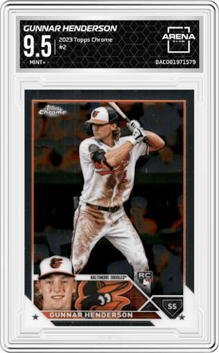 Gunnar Henderson from the 2023 Topps Chrome set graded by Arena Club and given an overall grade of 9.5.