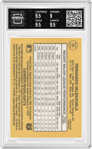 Fernando Valenzuela from the 1987 Donruss set graded by Arena Club and given an overall grade of 9.5.