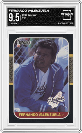 Fernando Valenzuela from the 1987 Donruss set graded by Arena Club and given an overall grade of 9.5.