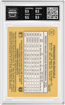 Fernando Valenzuela from the 1987 Donruss set graded by Arena Club and given an overall grade of 9.