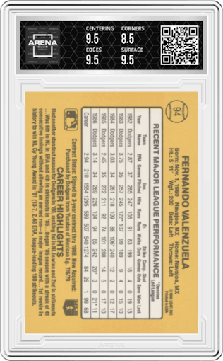 Fernando Valenzuela from the 1987 Donruss set graded by Arena Club and given an overall grade of 9.