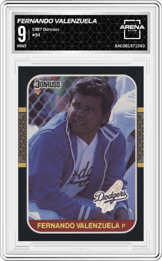 Fernando Valenzuela from the 1987 Donruss set graded by Arena Club and given an overall grade of 9.