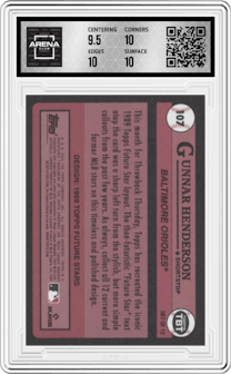 Gunnar Henderson from the 2023 Topps Throwback Thursday set graded by Arena Club and given an overall grade of 10.