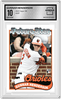 Gunnar Henderson from the 2023 Topps Throwback Thursday set graded by Arena Club and given an overall grade of 10.