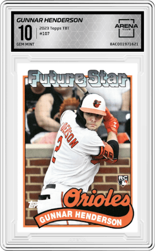 Gunnar Henderson from the 2023 Topps Throwback Thursday set graded by Arena Club and given an overall grade of 10.