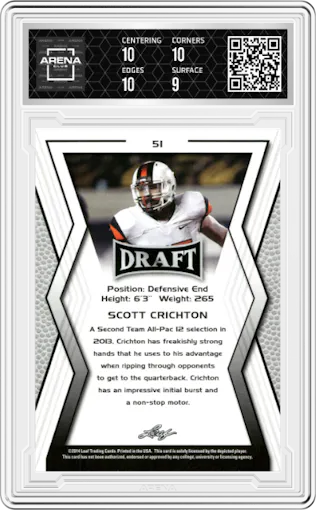 Scott Crichton from the 2014 Leaf Draft set graded by Arena Club and given an overall grade of 9.5.