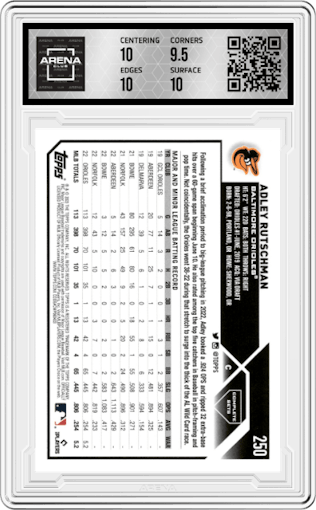 Adley Rutschman from the 2023 Topps Complete set graded by Arena Club and given an overall grade of 10.