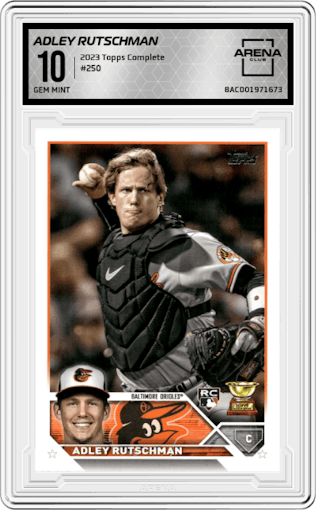 Adley Rutschman from the 2023 Topps Complete set graded by Arena Club and given an overall grade of 10.
