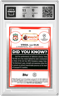 Virgil van Dijk from the 2022-23 Topps Merlin Chrome UEFA League set featuring a Gold Refractor parallel graded by Arena Club and given an overall grade of 10.