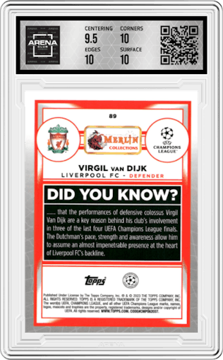 Virgil van Dijk from the 2022-23 Topps Merlin Chrome UEFA League set featuring a Gold Refractor parallel graded by Arena Club and given an overall grade of 10.