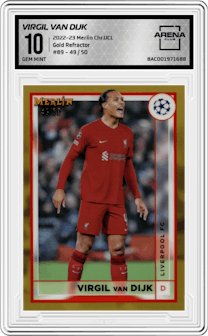 Virgil van Dijk from the 2022-23 Topps Merlin Chrome UEFA League set featuring a Gold Refractor parallel graded by Arena Club and given an overall grade of 10.