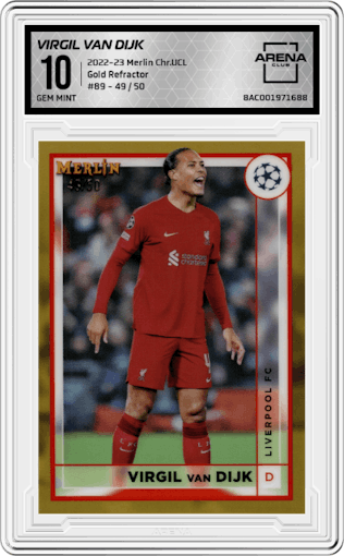 Virgil van Dijk from the 2022-23 Topps Merlin Chrome UEFA League set featuring a Gold Refractor parallel graded by Arena Club and given an overall grade of 10.