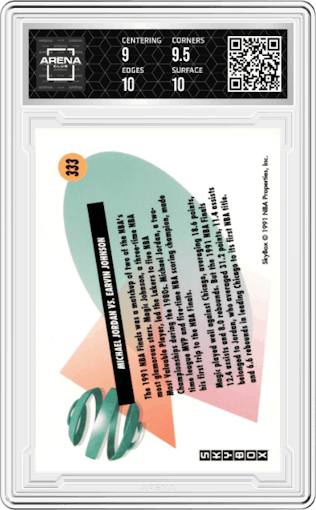 Michael Jordan/ Magic Johnson from the 1991-92 Skybox set graded by Arena Club and given an overall grade of 9.5.