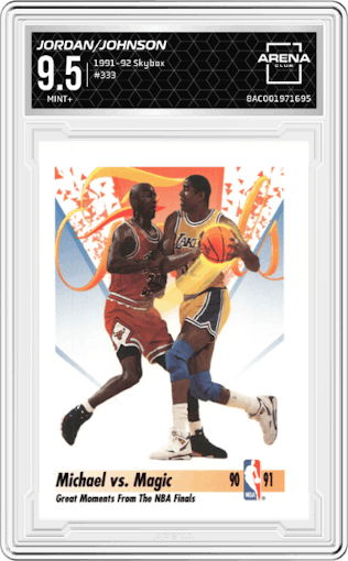 Michael Jordan/ Magic Johnson from the 1991-92 Skybox set graded by Arena Club and given an overall grade of 9.5.