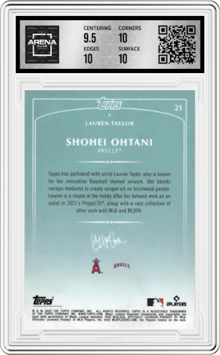 Shohei Ohtani from the 2022 Topps X Lauren Taylor Wave 1 set graded by Arena Club and given an overall grade of 10.