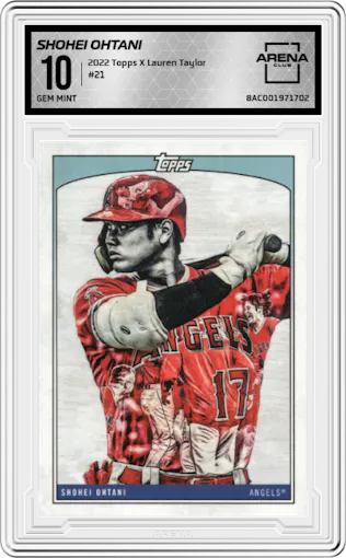 Shohei Ohtani from the 2022 Topps X Lauren Taylor Wave 1 set graded by Arena Club and given an overall grade of 10.