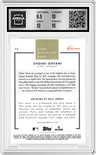 Shohei Ohtani from the 2021 Topps Game Within the Game set graded by Arena Club and given an overall grade of 10.