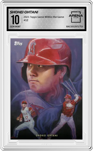 Shohei Ohtani from the 2021 Topps Game Within the Game set graded by Arena Club and given an overall grade of 10.