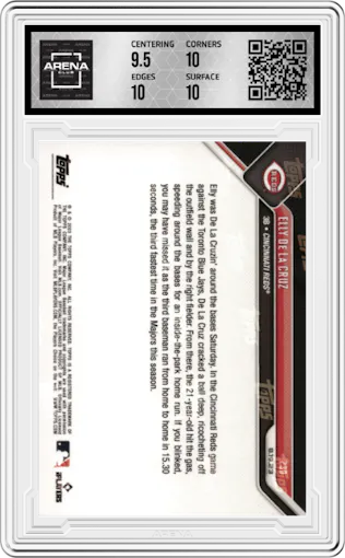 Elly De La Cruz from the 2023 Topps Now set graded by Arena Club and given an overall grade of 10.